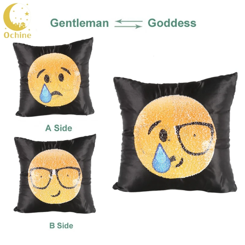 

OCHINE 40*40cm Sequins Smile Face Sofa -Cover Changing Face Emoji Cushion Cover Decorative Pillow