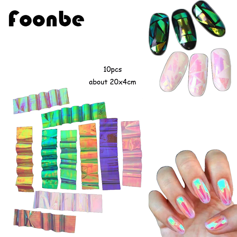 10 pcs Different Colors NEW Broken Glass Pieces Mirror Foil Tips Stencil Decal Nail Art Sticker Cute DIY nail decoration Foonbe