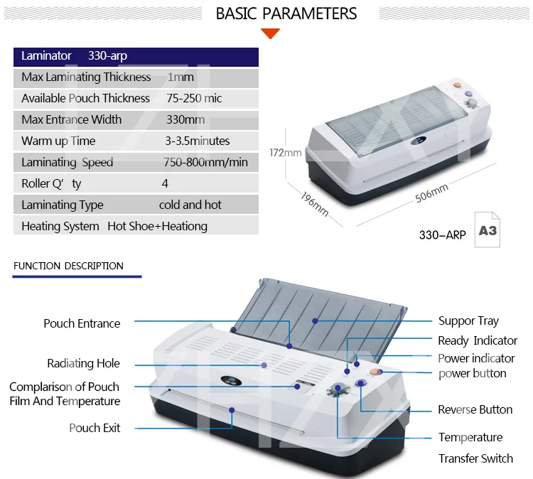 Электрический горячей и холодной A3 ламинатор машина 330 мм 4 роликовая система аппарат для ламинирования для офиса школы и бытовые 1 шт