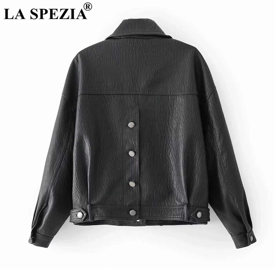 LA SPEZIA Red Coat Women Faux Leather Short Jacket Female Button Loose Pockets Biker Motorcycle Rock Autumn Winter Clothes Beige