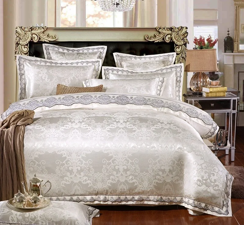 Luxury Premium White with Silver Floral Damask Pattern Bedding Set Double King