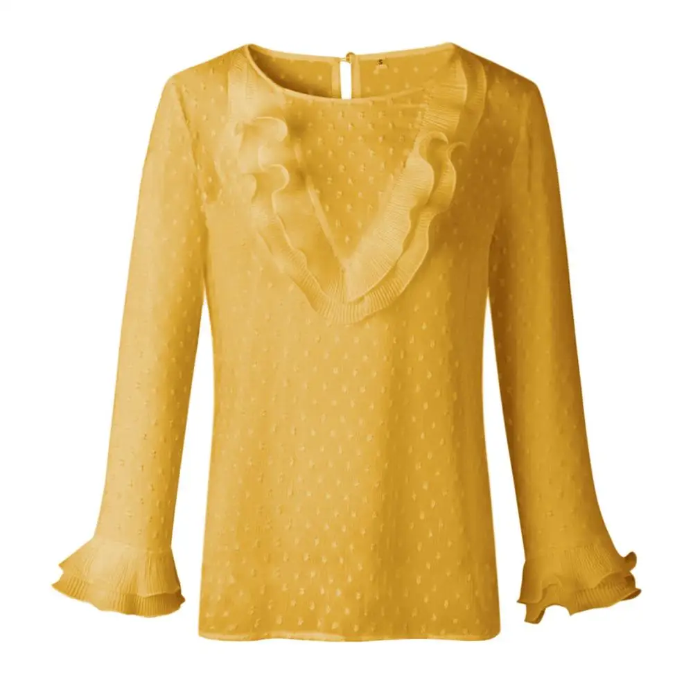 Feitong Women Ladies Blouses And Tops Casual Ruffles Lace Polka Dot O Neck Shirt Long Sleeve Blouse blusas mujer de moda - Цвет: Yellow