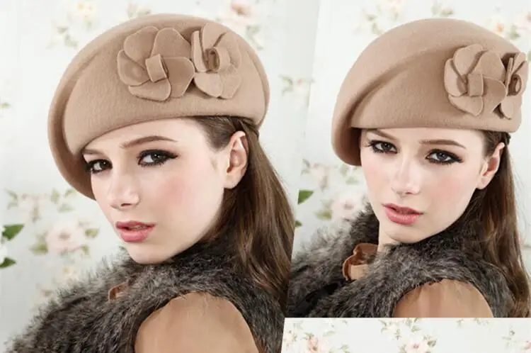 Flower French Trilby Wool Soft Stewardess Hat gorras planas New Fashion Women Beret Hat For Women Beanie Female Cap