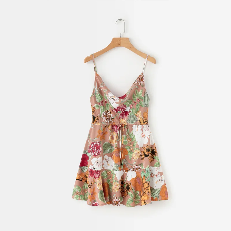 

Summer women's dress casual flower print stitching halter strap dress