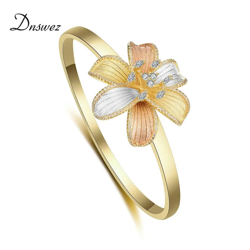 

Dnswez Fashion Design Tricolor Gold Flower Bangles for Women AAA+ Cubic Zirconia Bracelet Bangle Jewelry for Party B1108