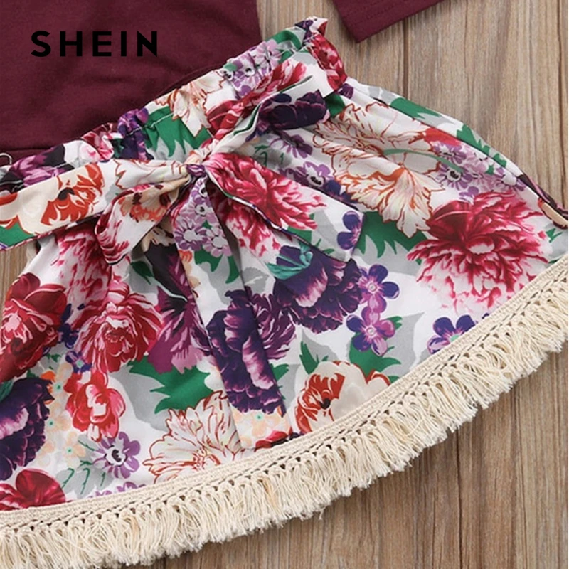 SHEIN Kiddie/комбинезон с оборкой для маленьких девочек и юбка с цветочным принтом и повязкой на голову; коллекция года; весенние Повседневные детские комплекты с длинными рукавами