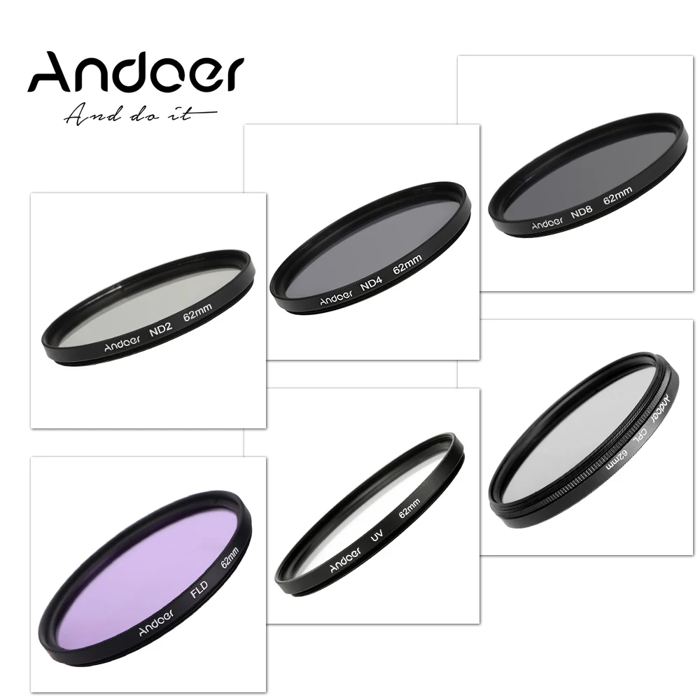 

Andoer 62mm Photography Filter Kit UV+CPL+FLD+ND(ND2 ND4 ND8) Polarizing Neutral Density Filter for Nikon Canon Sony Pentax DSLR