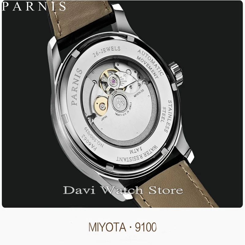 Parnis 43 мм белый/черный циферблат кожаный ремешок 26 jewels miyota автоматический запас хода мужские часы