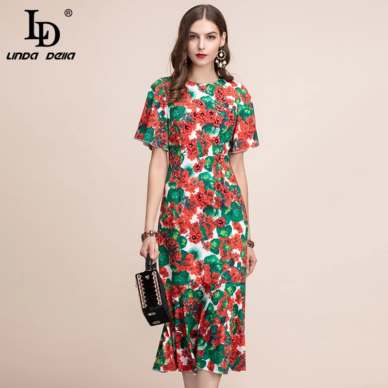 

LD LINDA DELLA Fashion Runway Summer Dress Women's Multicolor Floral Print Appliques Beading Ruffles Midi Mermaid Party Dress