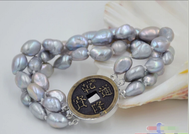 

FREE SHIPPING ****** 3row 8" 10mm gray baroque freshwater cultured pearl bracelet