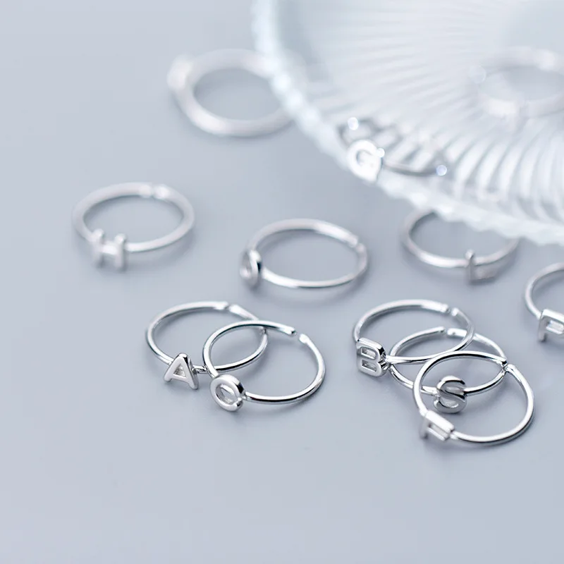 

100% 925 Sterling Silver 26 Alphabet Letters A-Z Cocktail Adjustable Opening Finger Knuckle Rings for Girl Women Fashion Jewelry