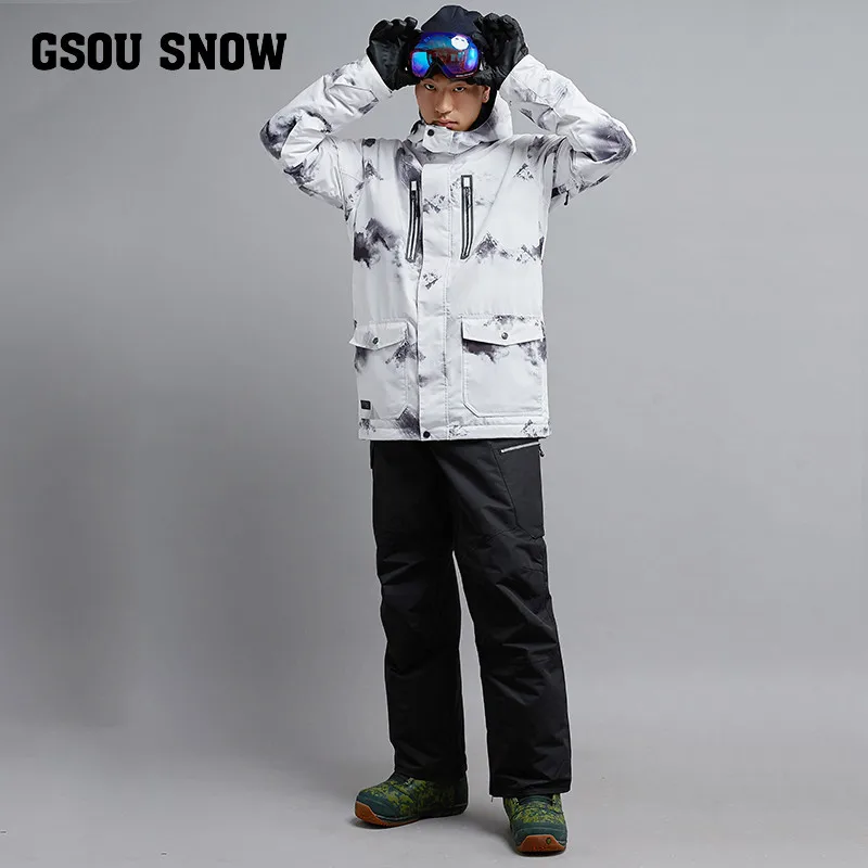 Gsou Snow Гарантия Аутентичные мужские лыжные костюмы куртка+ брюки мужские водонепроницаемые термальные хлопковые мягкие сноуборд