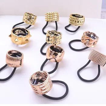 Fashion Women Gold Rose Pink Gold Plated Hollow Out Imitated Alloy Geometric Ponytail Punk Style Hair Ties Circle Hair Bands punk style alloy hollow out body chain for women