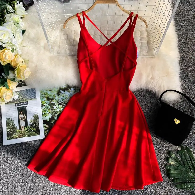 

New 2019 Summer Dress Holiday Pure Color Sexy V Neck Cross Open Back High Waist Thin Sexy Dress G247