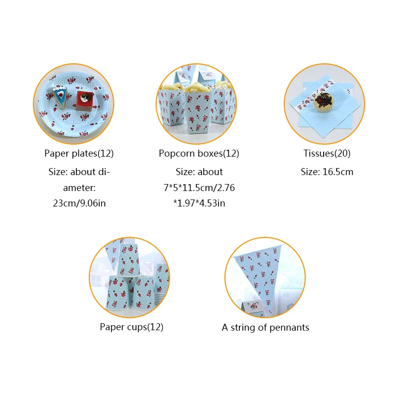 Синий в горошек Роза Винтаж одноразовые бумажные тарелки чашки ткани коробки для попкорна Вымпел вечерние свадебные Карнавальная посуда поставки