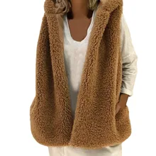 Женское зимнее флисовое пальто с капюшоном и карманами без рукавов, длинное повседневное Элегантное зимнее пальто с капюшоном, Толстая теплая куртка A8