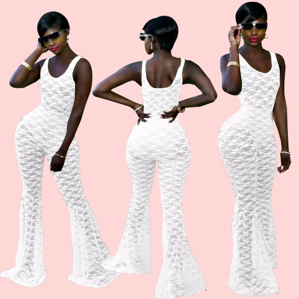 Ladies Sexy Summer Jumpsuit Sleeveless Lace Jumpsuit Boot Cut White