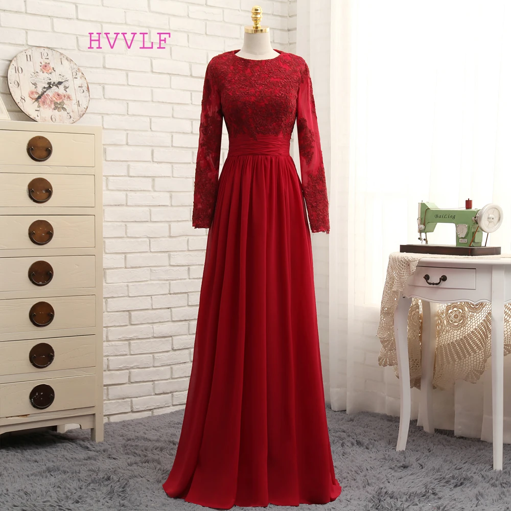 

New Muslim Evening Dresses 2019 A-line Long Sleeves Chiffon Appliques Lace Bow Red Long Evening Gown Prom Dress Prom Gown
