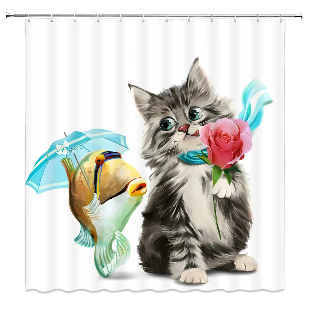 

Best Selling Cute Cat Series Cat Companion Children's Bathroom 12 Hook Shower Curtain Curtain Waterproof Mildew Polyester Fabric