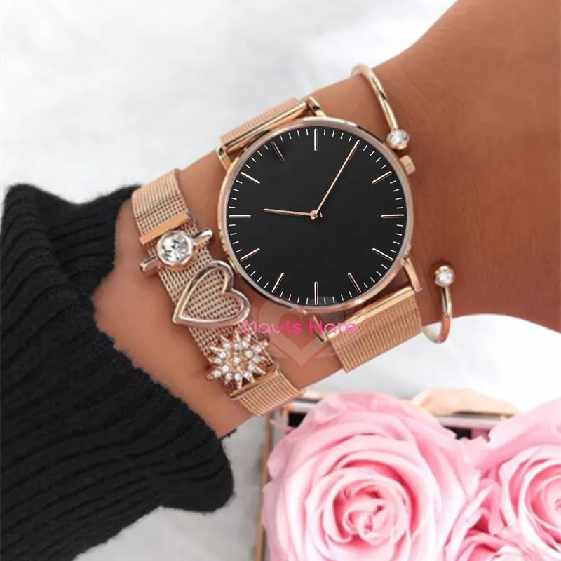 

Mavis Hare The Perfect Match Mesh Charm Bracelet Set with Black dial Wristwatch and Crystal Cuff Bangle 3set for Women as Gift