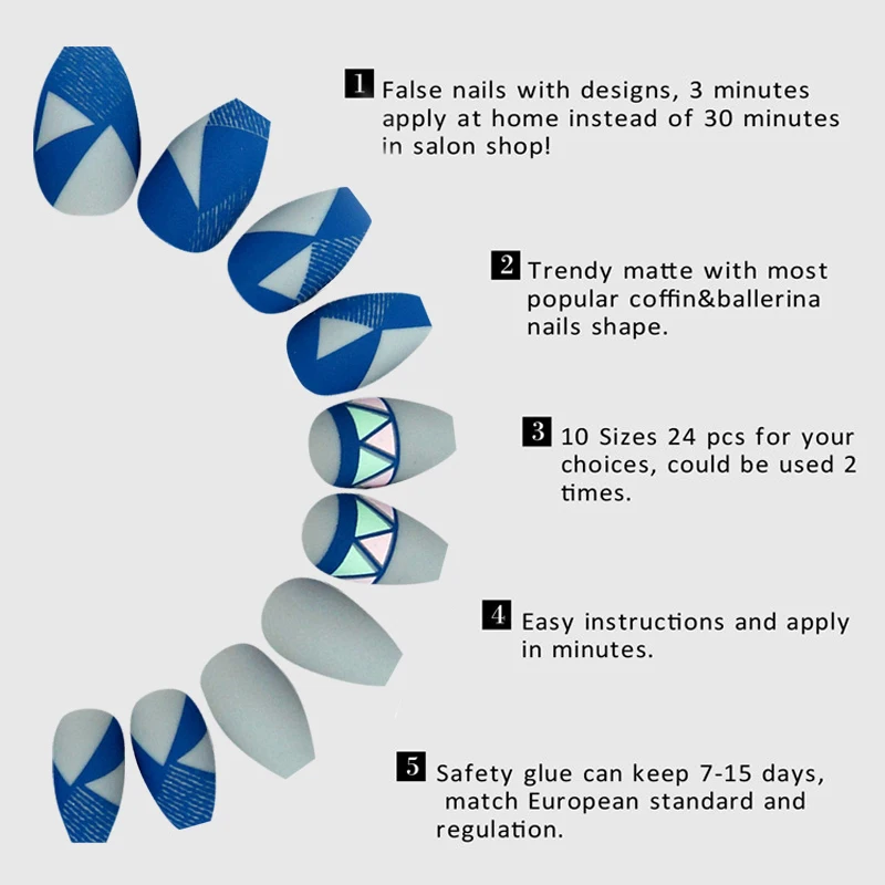 24 шт./лот поддельные ногти с клеем для УФ-гель для ногтей накладные ногти синий неправильный узор украшения ногтей аксессуары инструменты