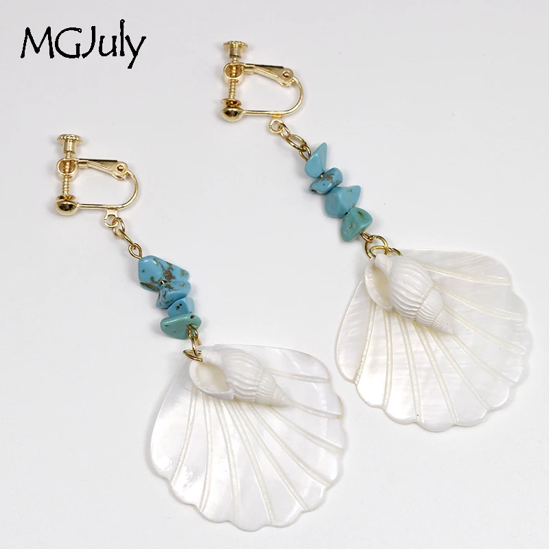 

Natural Shell&Conch Earrings No Pierced Ear Clips Sector White Shell Clip Earring Without Piercing Women Long Earring CE090