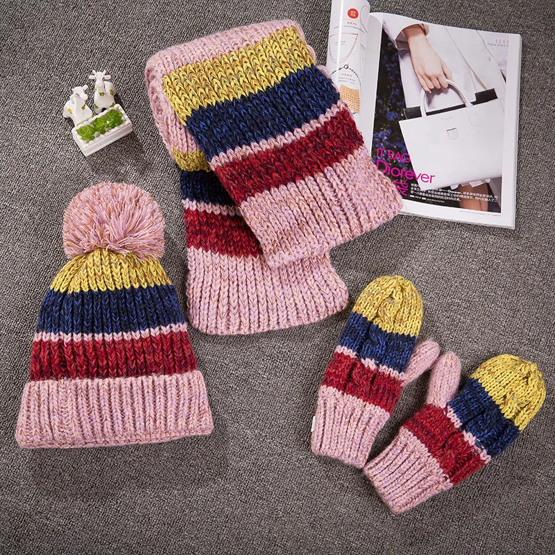 CIVICHIC/Лидер продаж; Модный корейский женский зимний теплый комплект; вязаная шапка шарф перчатки; цветная плотная шаль с помпоном; шапки в полоску; варежки; SH169 - Цвет: Pink