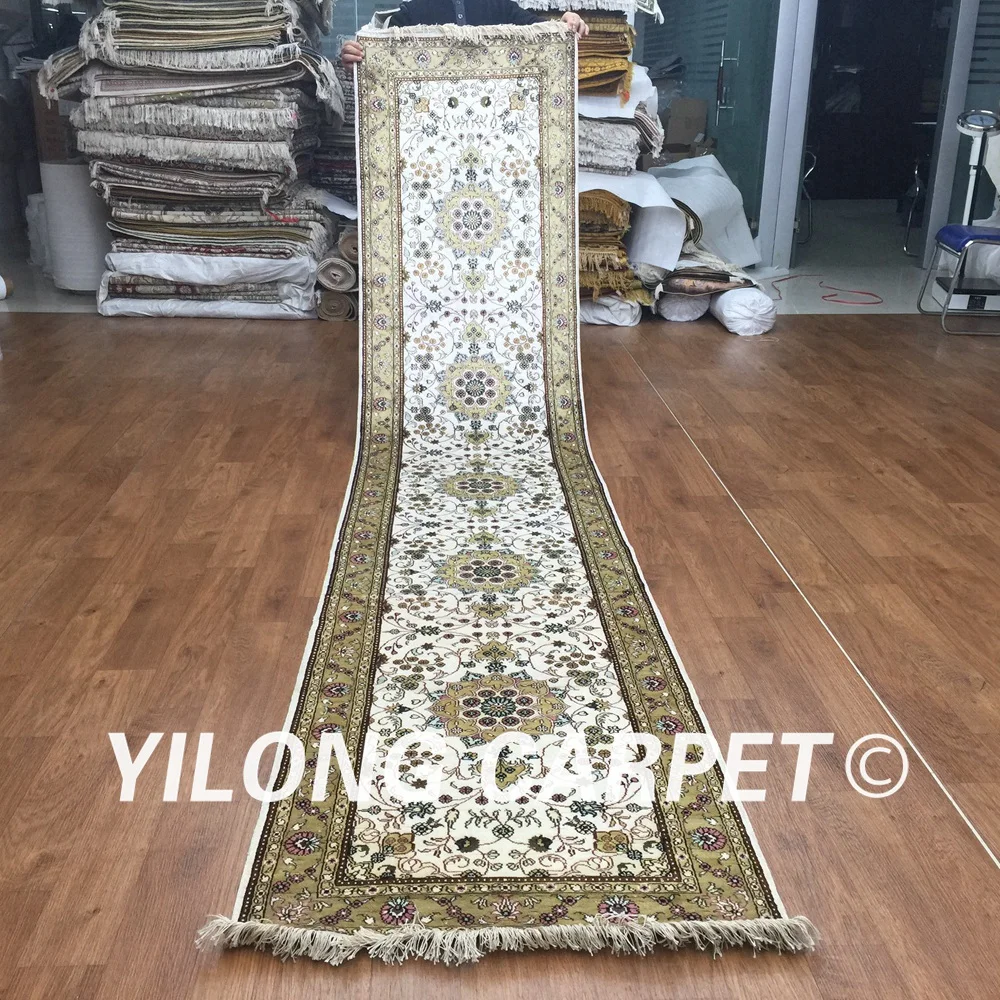 Yilong 2 5 'x 12' шелковые коврики ручной работы дорожки для коридора зеленые и белые