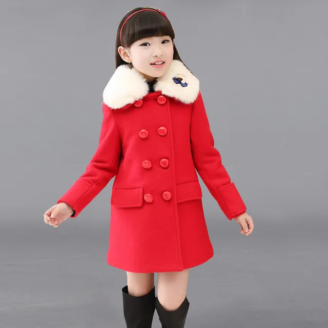 Red Warm Winter Girls Outerwear Hooded Wool Long Kids Winter Coat 2018 Girl Clothes for 4 6 8 10