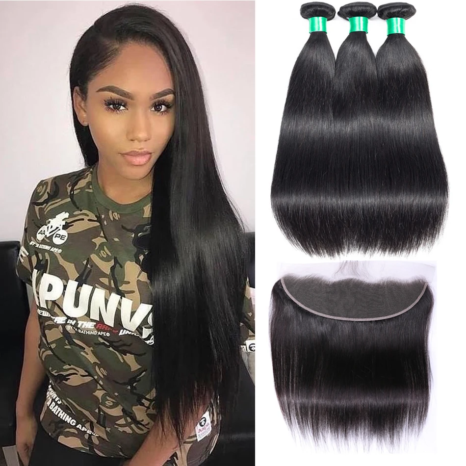 Straight Hair Bundles With Frontal Ably Brazilian Remy Human Hair Weave Pre Plucked Ear To Ear Lace Frontal Closure With Bundles