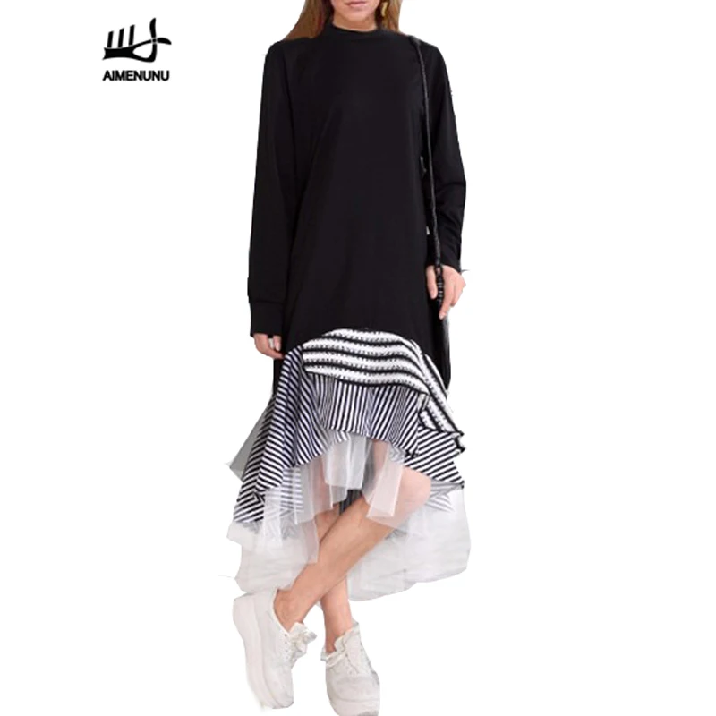 

AIMENUNU Women Long Sleeve T Shirt Midi Dress Patchwork Stripe Mesh Ruffle Flare Asymmetrical Hem Pullover Casual 2019