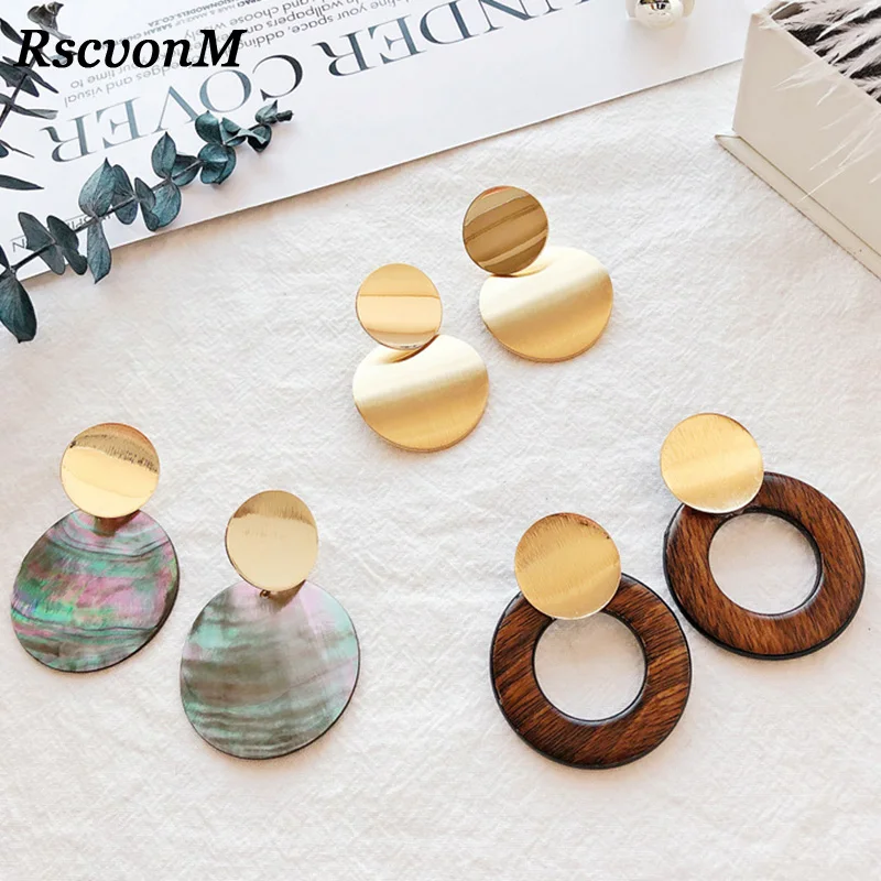 

RscvonM New Fashion Wood Geometric Stud Earrings For Women Round Shell Design Elegant Earrings For Birthday Wedding Gift Brincos