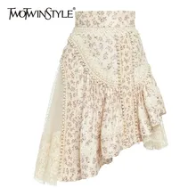 TWOTWINSTYLE кружевная Лоскутная юбка для женщин со стоячим воротником и длинным рукавом с принтом асимметричные юбки для женщин Мода