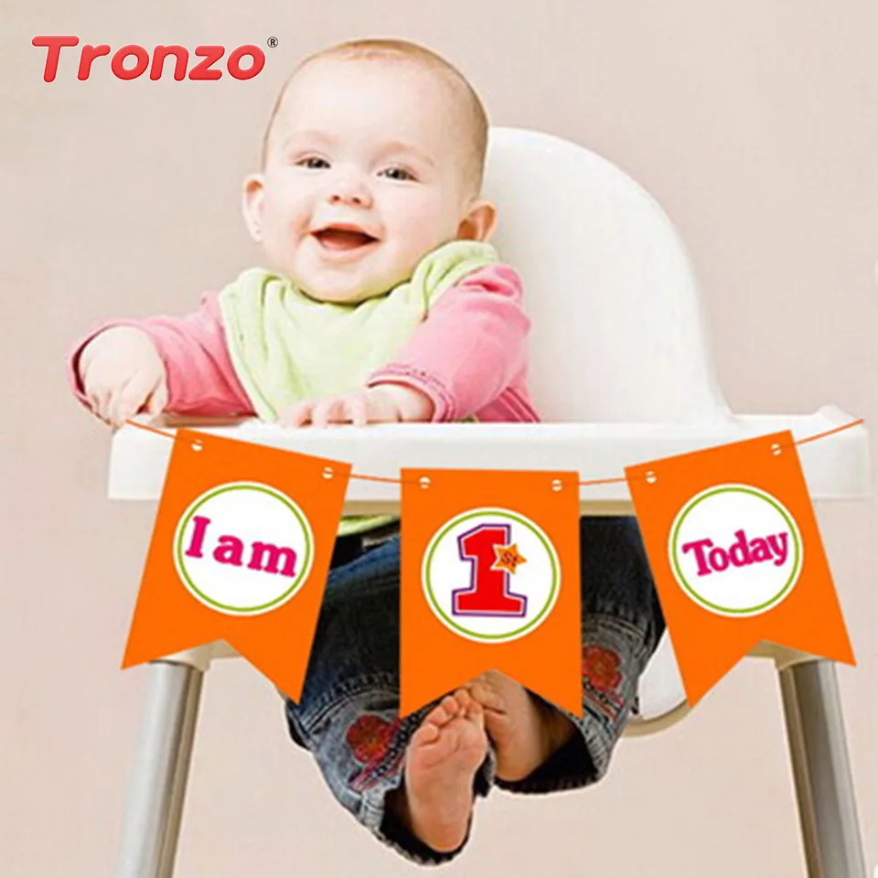 

Tronzo 3pcs/lot Birthday Banner Baby Boy Girl Chair Decoration Blue Pink I AM 1 TODAY Paper Flag For Baby Shower Children Favors