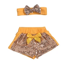 Летние шорты для маленьких девочек; модные дизайнерские шорты с блестками и повязка на голову с бантом; комплект повседневной одежды