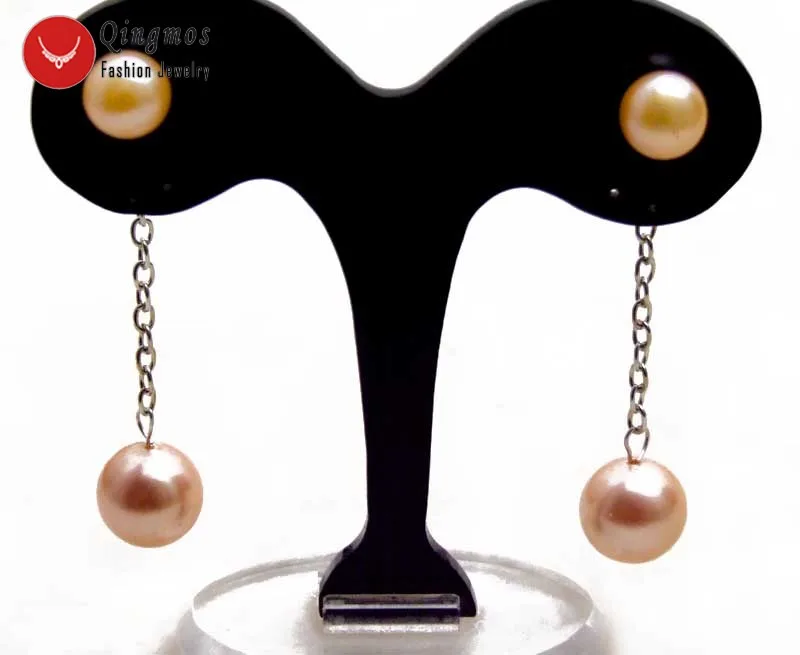 

Qingmos Natural Pearl Earring for Women with Pink 7-8mm Flat Round Pearl & Dangle 12mm Sea Shell Pearl Earrings Jewelry Ear563