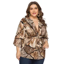New Loose Fashion Snake Print Open Waist Tie Long Sleeve Shirt  Oversized  Code   6xl   Fat  Mm Leisure Loose  Comfortable Tops