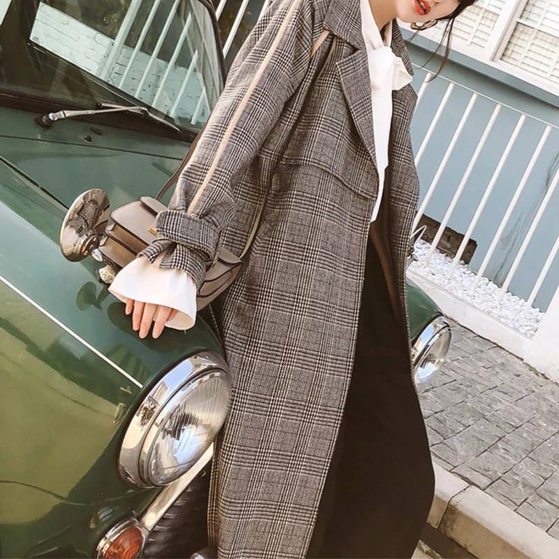 

Plaid Trench Coat Casual women's long Outerwear loose clothes for lady with belt spring autumn fashion Plus Size holiday coat
