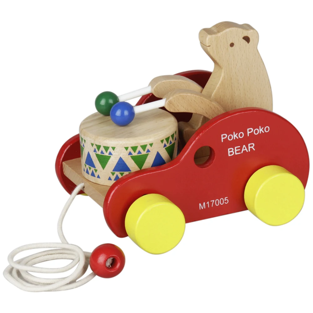 

Wooden Drum Pull Along Toy Kids Beech Solid Wood Bear Pull Toy for Toddler Children Muscial Educational Toy