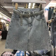 Расшитая блестками Джинсовая юбка с завышенной талией для женщин Однотонная синяя однотонная короткая мини-уличная одежда Клубные женские юбки наивысшего качества