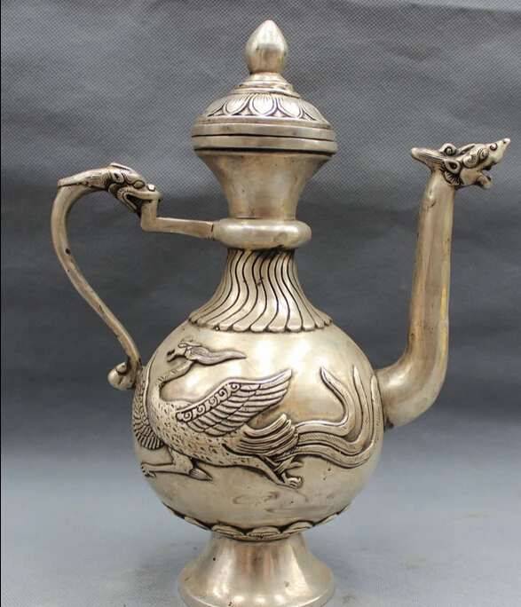

song voge gem S3201 10" Chinese Silver Buddhism Dragon Head Statue Carved Phoenix Wine Pot Teapot