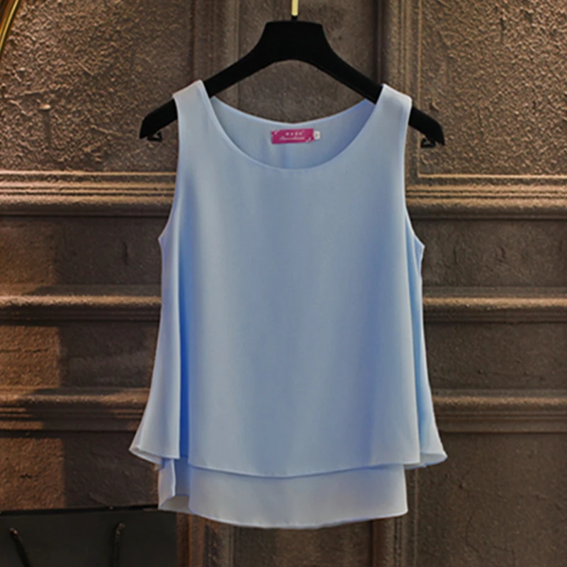 2017 New Brand Women Summer Chiffon Blouse Oversized S-5XL Sleeveless Casual Shirt Solid Color Double Cloth Tops