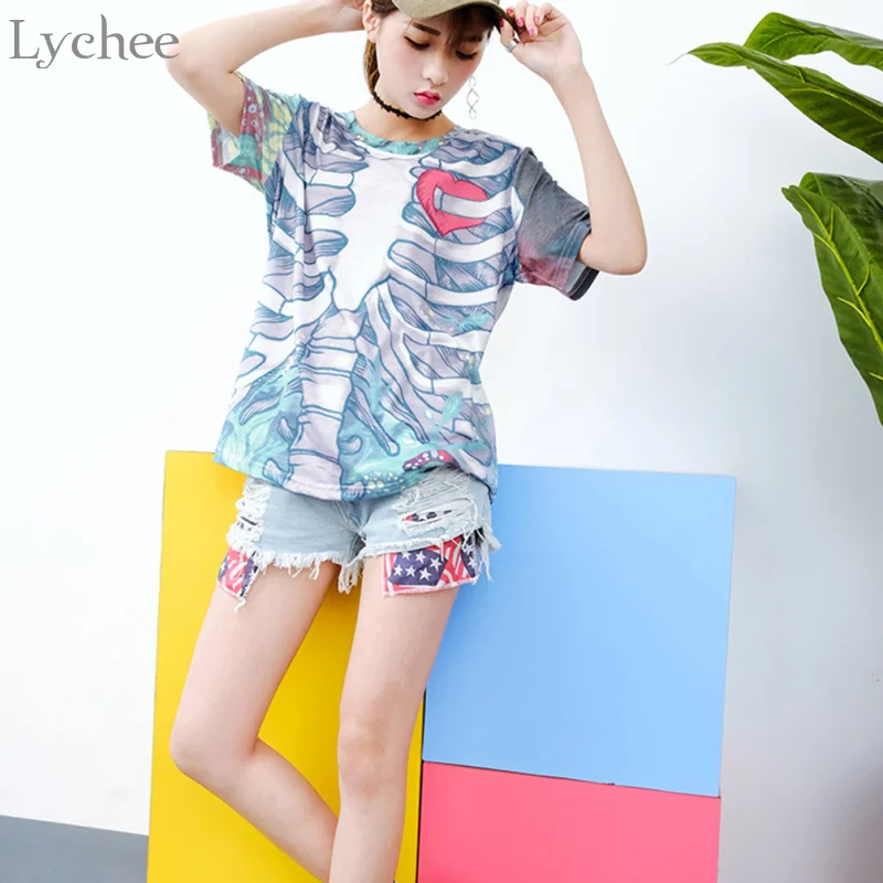 Skup Lychee Gothic Punk kobiety T Shirt czaszka kości nadruk w kształcie serca Casual luźny t shirt z krótkim rękawem Tee Top kobieta