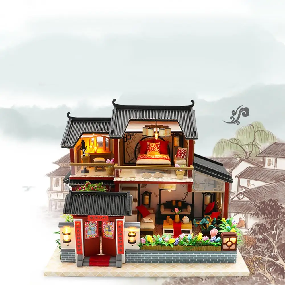 Кукольный дом в китайском стиле, миниатюрный кукольный домик в отеле, набор для сборки игрушек, Деревянный Ретро магазин, мебель для дома, игрушки для детей, без крышки