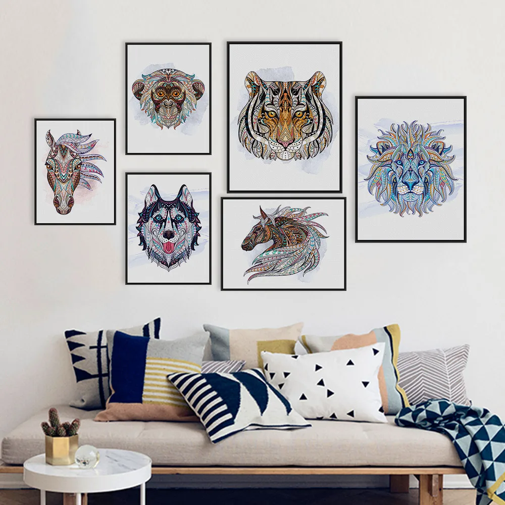 Ancient-African-National-Totem-Deer-Lion-Animals-Head-Art-Prints-Poster-Wall-Picture-Canvas-Painting-No