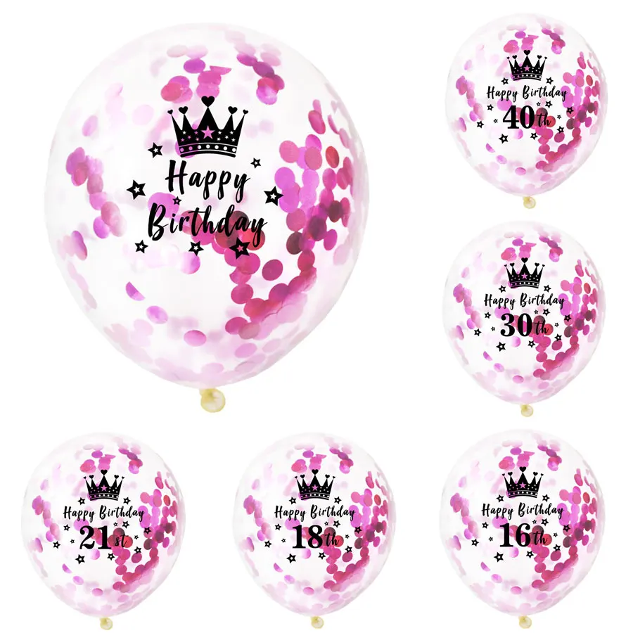 

5Pcs Clear Transparent Latex Balloons 12inch Happy Birthday Crown Number Balloons Rose Red Confetti Balloons For Birthday Party