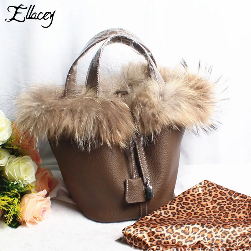 Сумка ведро Ellacey Женская из натуральной кожи с лисьим мехом|women bucket bag|bucket bagtote bag |