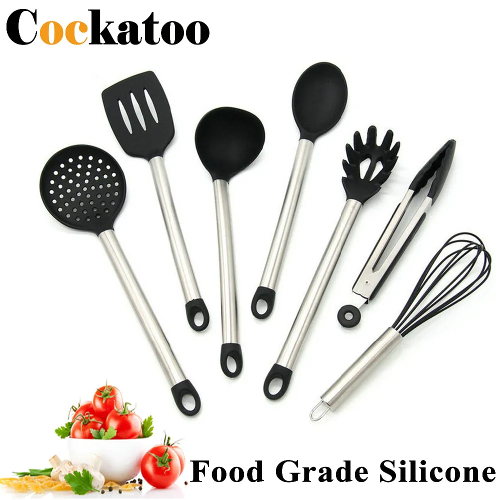 7Pcs/Set Silicone Cooking Soup Ladle Slotted Turner Skimmer Whisk Tongs Kitchen Tools Set
