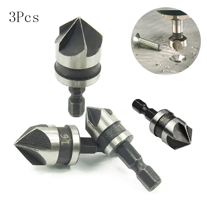 

3Pcs 90 Degree Hex Handle Drill Bit Set Chamfering Cutter Drilling For Metal Wood Woodworking 12/16/19mm Five-Blade Chamfer Tool