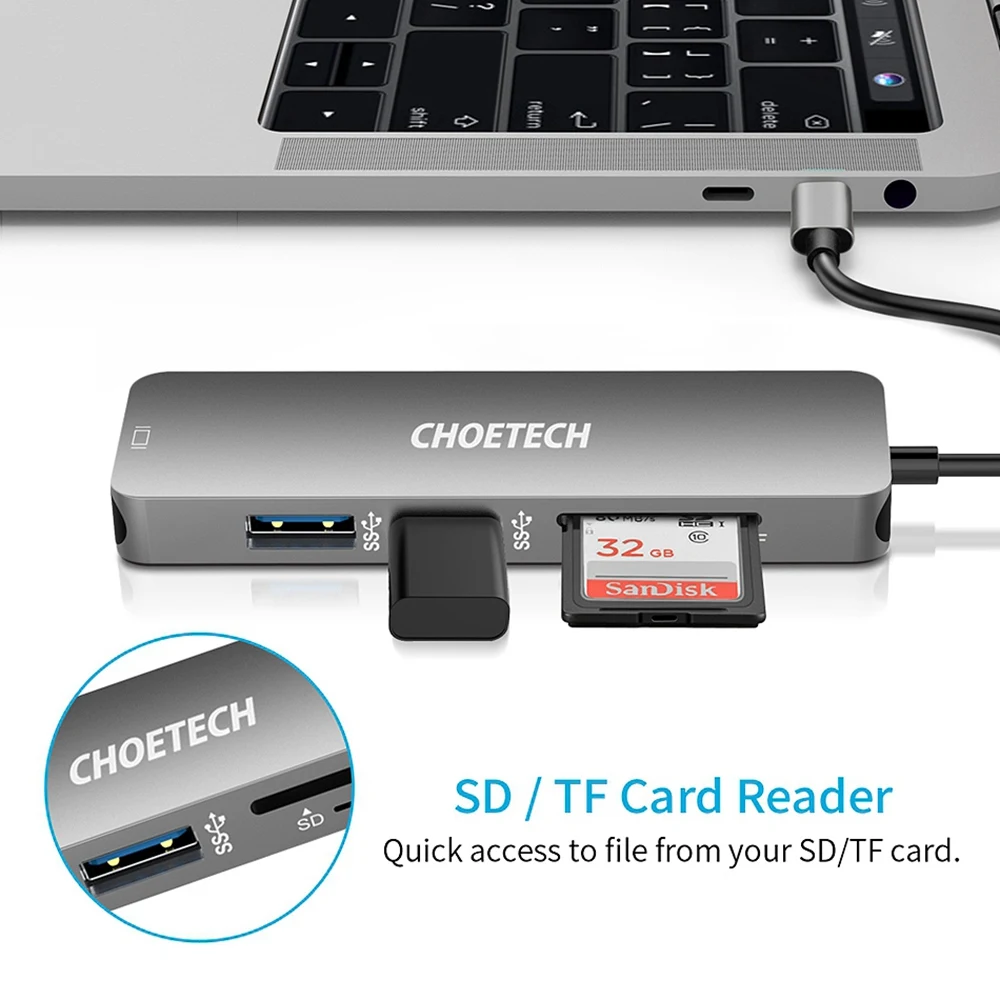 OPQ-Choetech Usb-C концентратор многопортовый конвертер с 4K Hdmi 30 Гц видео выход 2 Usb 3,0 портов и Sd& Tf карт ридер для Macbook